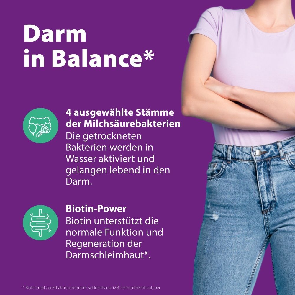 Frau mit verschränkten Armen. Text über Darmbalance, 4 Bakterienstämme und Biotin-Power.