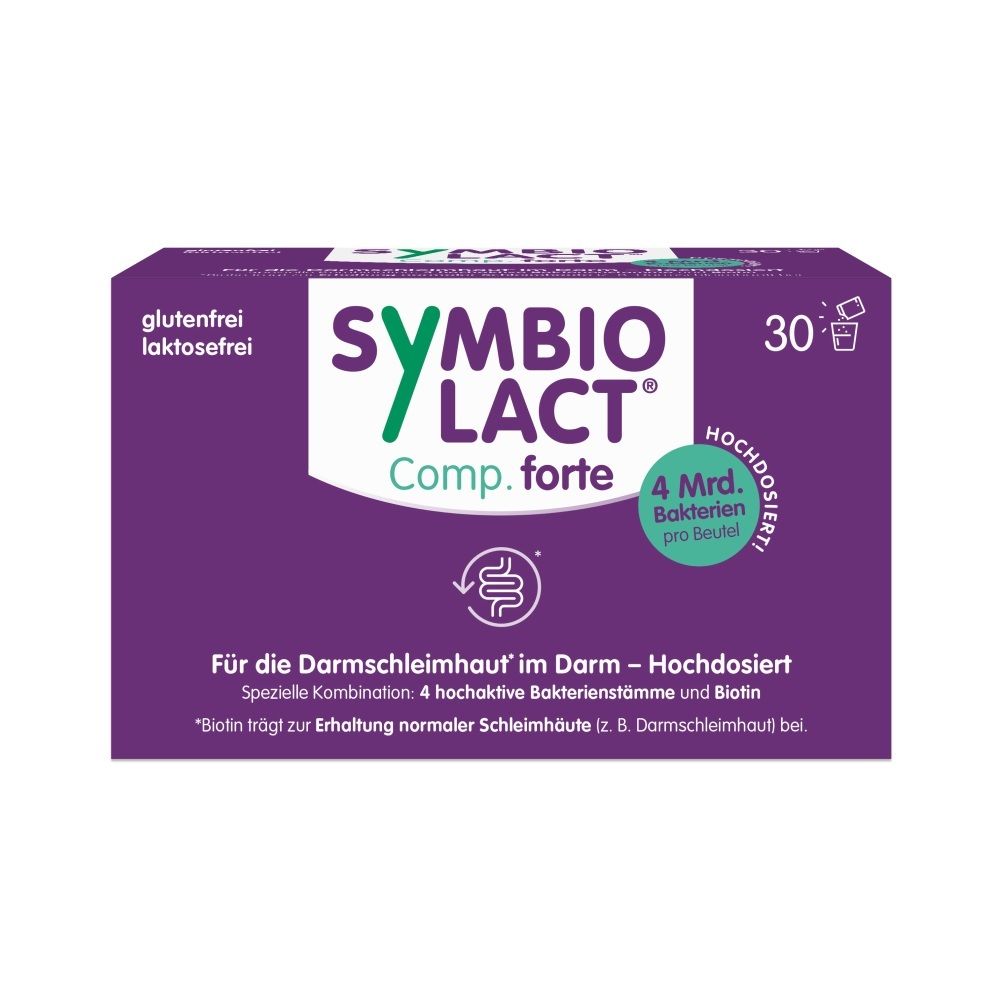 SymbioLact Comp. forte Karton mit 30 Beuteln. Glutenfrei, laktosefrei. Enthält 4 Mrd. Bakterien pro Beutel.