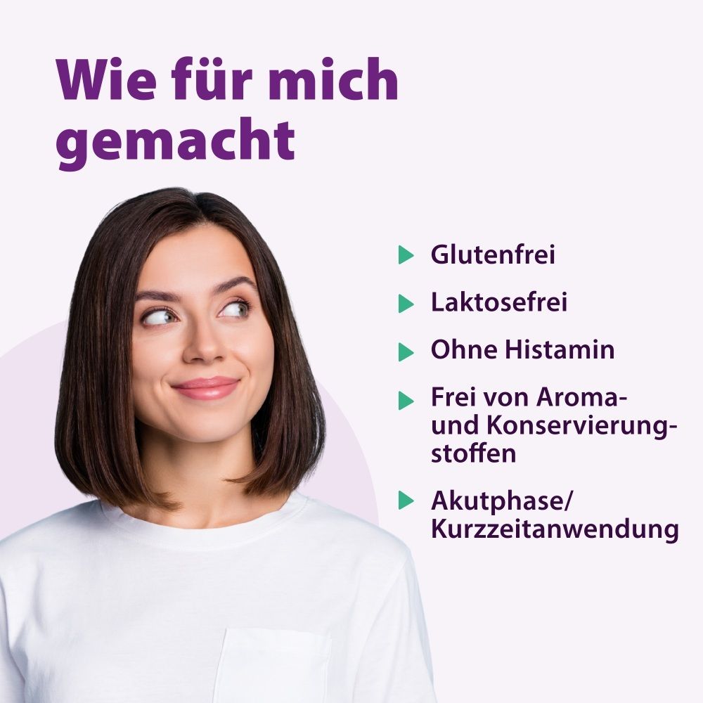 Frau blickt nach oben. SymbioLact Comp. forte: Glutenfrei, laktosefrei, ohne Histamin, frei von Aroma- und Konservierungsstoffen.