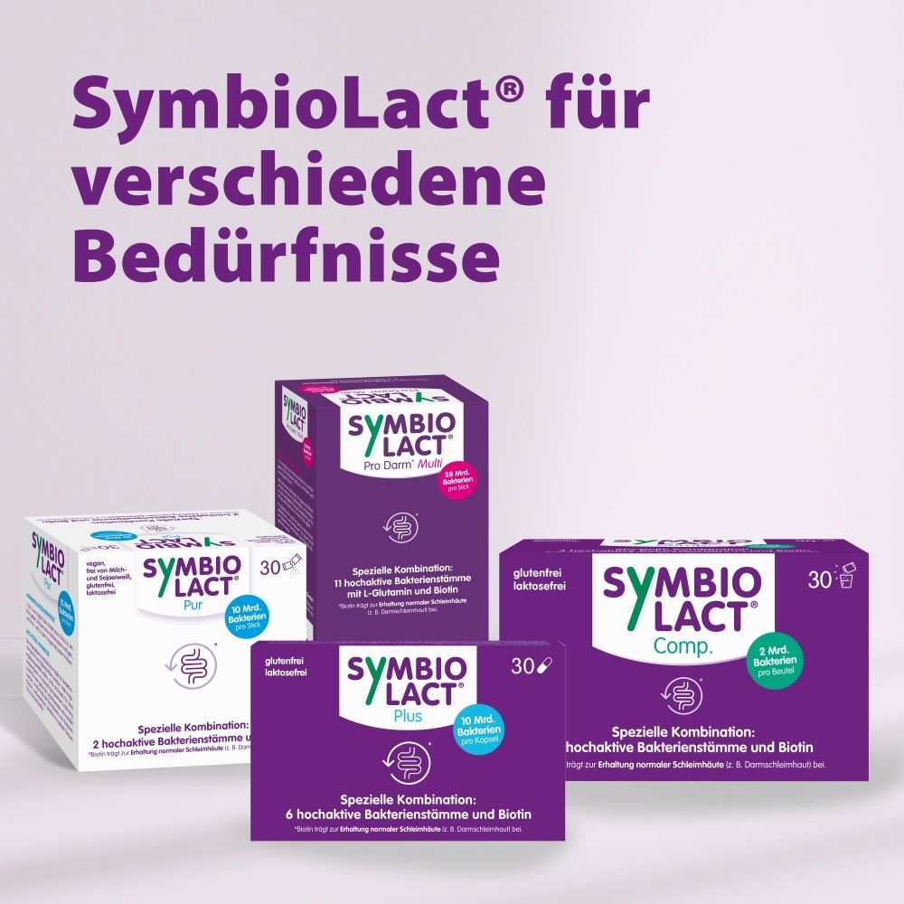 Mehrere SymbioLact Produkte: SymbioLact Comp. forte, SymbioLact Plus, SymbioLact.
