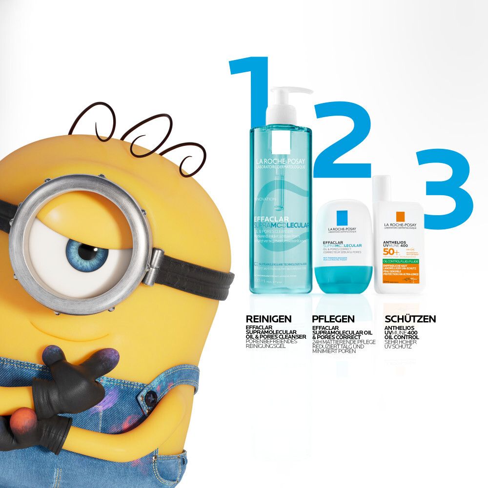 Minion neben La Roche Posay Produkten: Reiniger, Effaclar Supramolecular, Sonnenschutz.