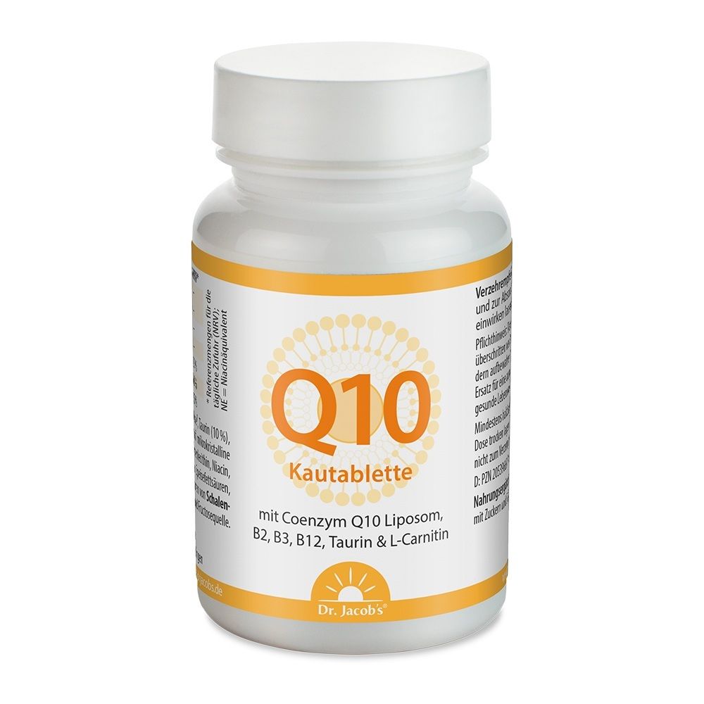 Weiße Flasche mit Q10 Kautabletten, enthält Coenzym Q10, B-Vitamine, Taurin und L-Carnitin.