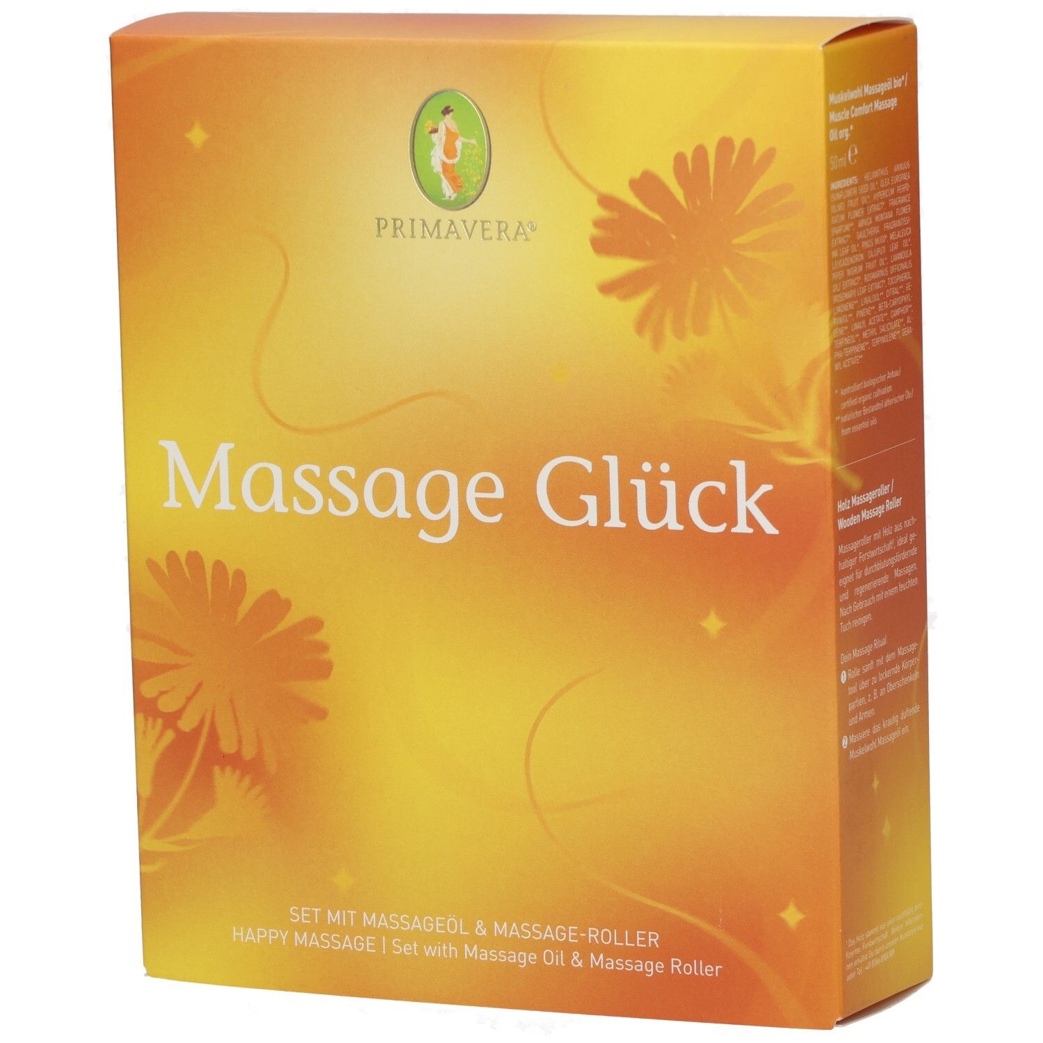 Primavera Massage Glück Set mit Massageöl und Massage-Roller. Gelb-orangefarbene Verpackung mit Blumenmuster.