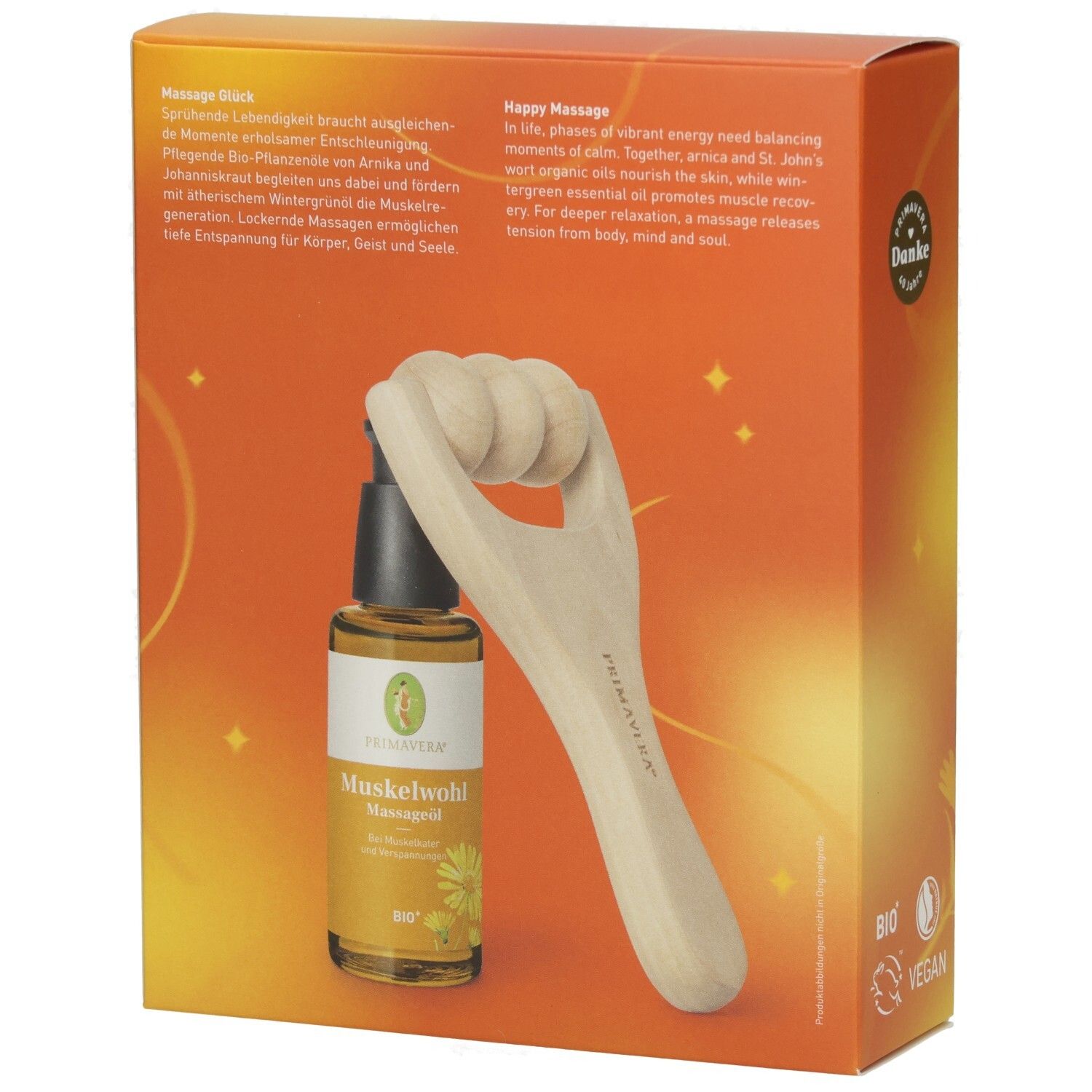 Massage Glück Box mit Bio und Vegan Siegel. Enthält Massageöl und Holzroller.