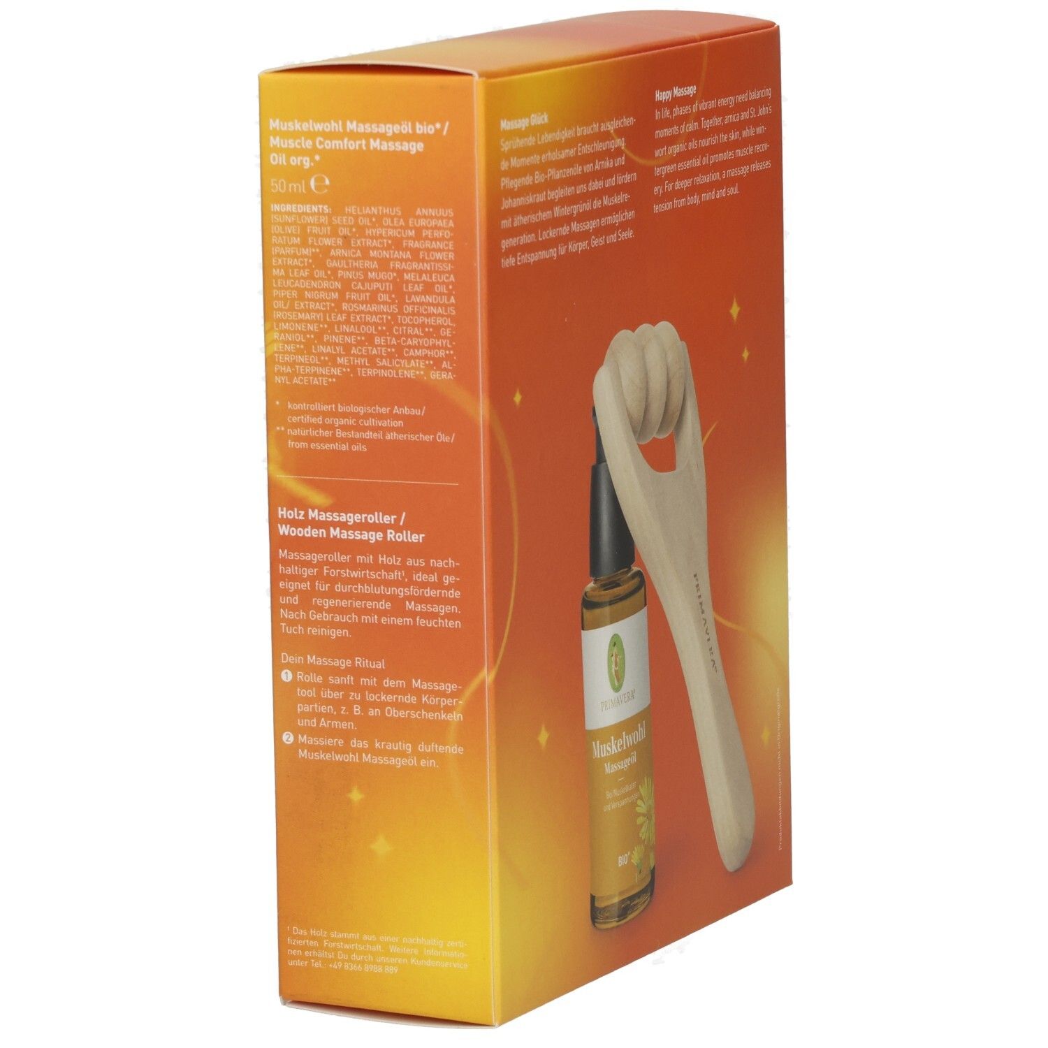 Verpackung mit Holz Massageroller und 50ml Muskelkomfort Massageöl.