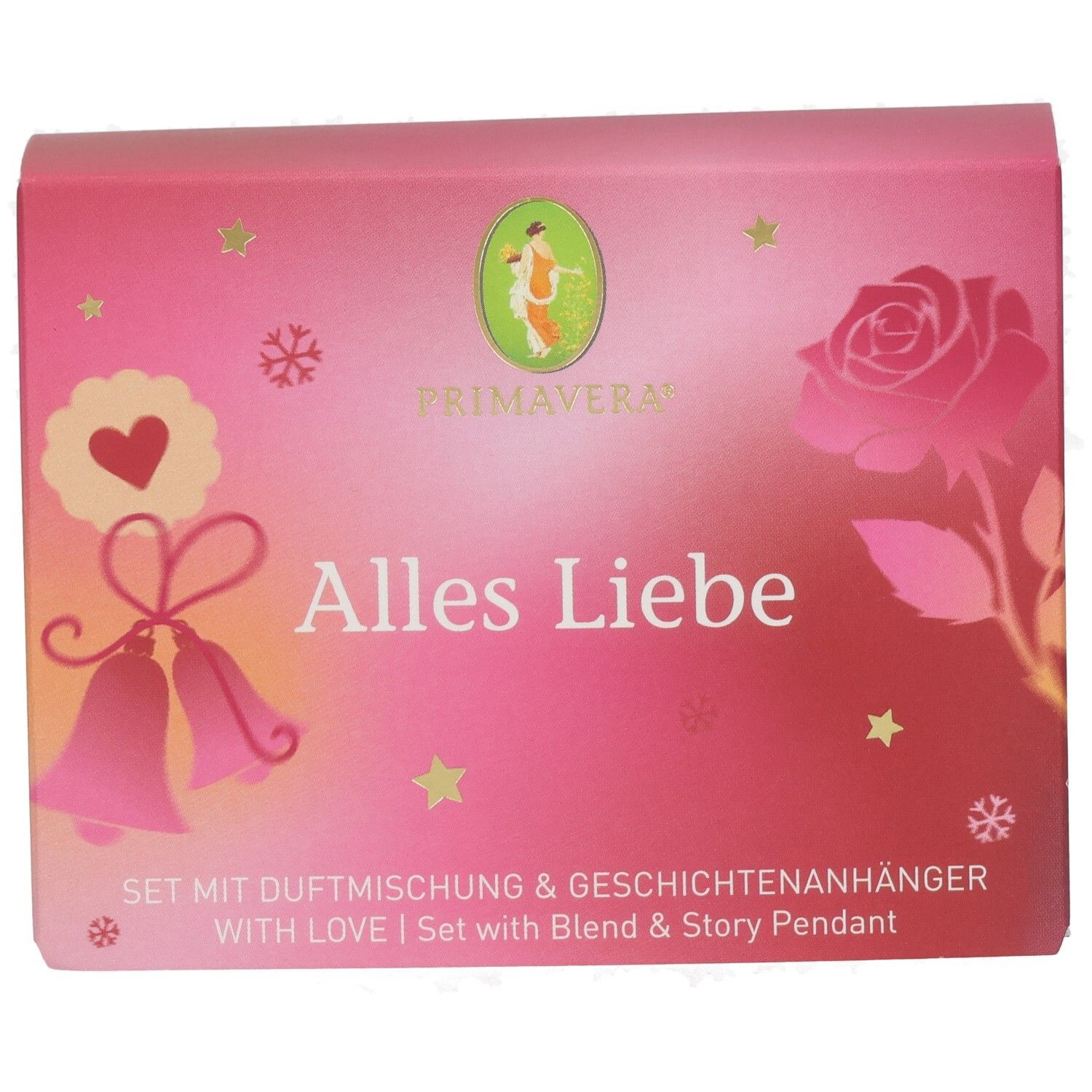 Primavera Alles Liebe Set mit Duftmischung und Geschichtenanhänger. Rosa Verpackung mit Herz- und Rosenmotiven.