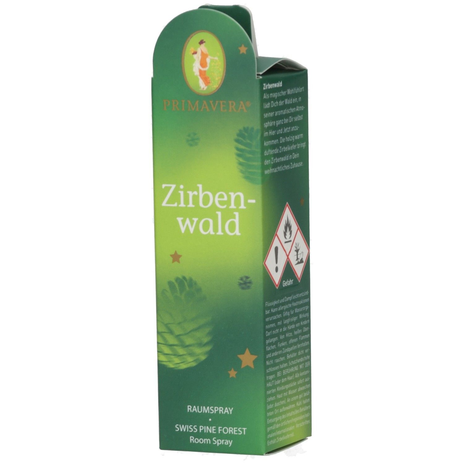 Primavera Zirbenwald Raumspray. Grüne Verpackung mit Pinienzapfen-Motiv. Für den Wohnbereich.