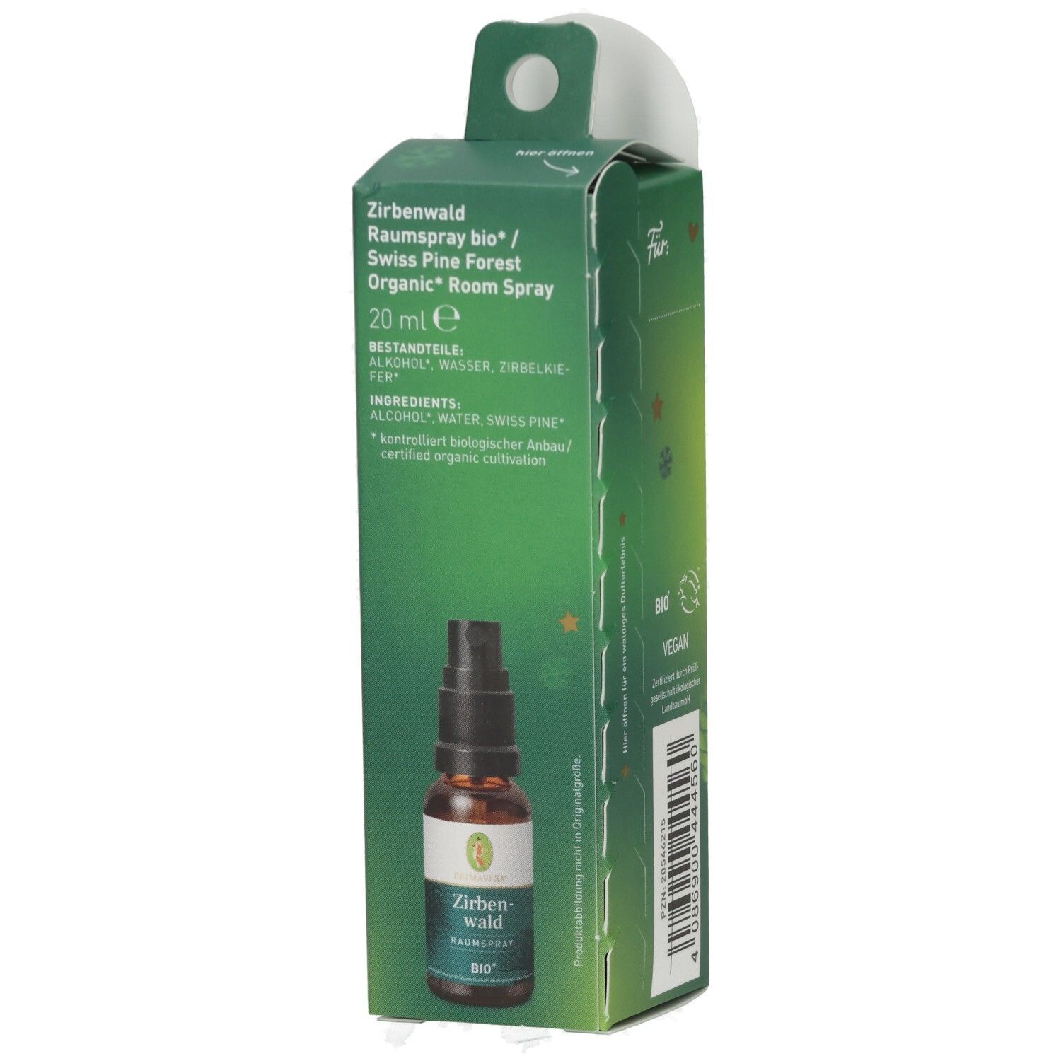Verpackung Zirbenwald Bio Raumspray, 20ml.