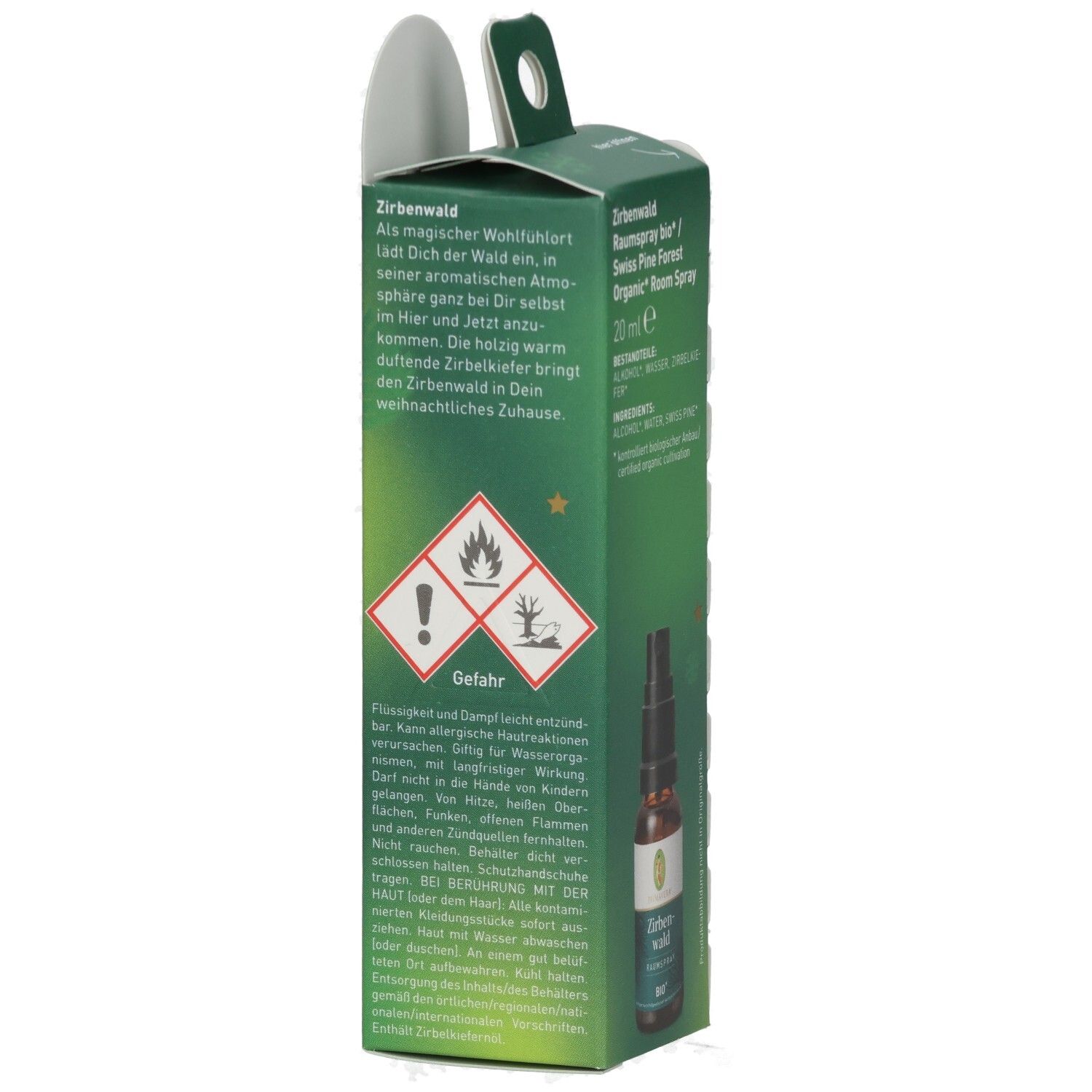 Zirbenwald Raumspray mit ätherischen Ölen, 25ml. Gefahrensymbole und Anwendungshinweise auf der Verpackung.