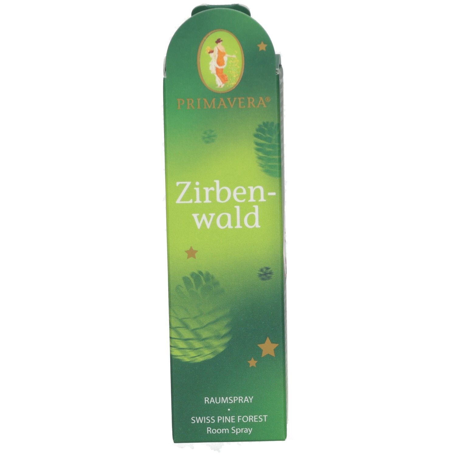 Primavera Zirbenwald Raumspray mit Pinienmotiven und Sternen. Flasche mit Sprühkopf.