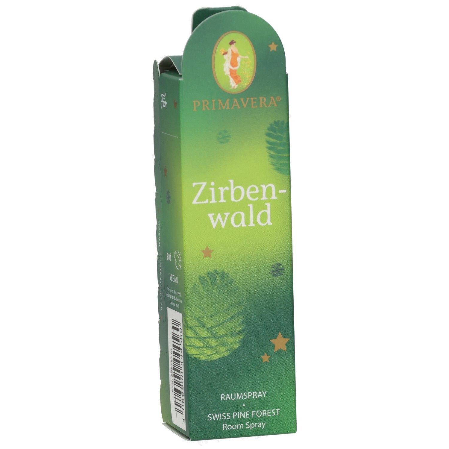 Packung Primavera Zirbenwald Raumspray, grüne Verpackung mit Tannenzapfen.