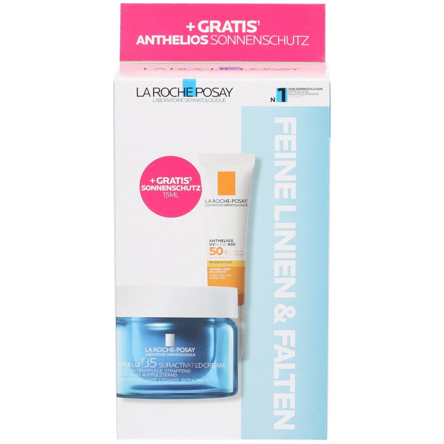 La Roche-Posay Hyalu B5 Set mit Hyalu B5 Feuchtigkeitscreme und gratis Anthelios Sonnenschutz.