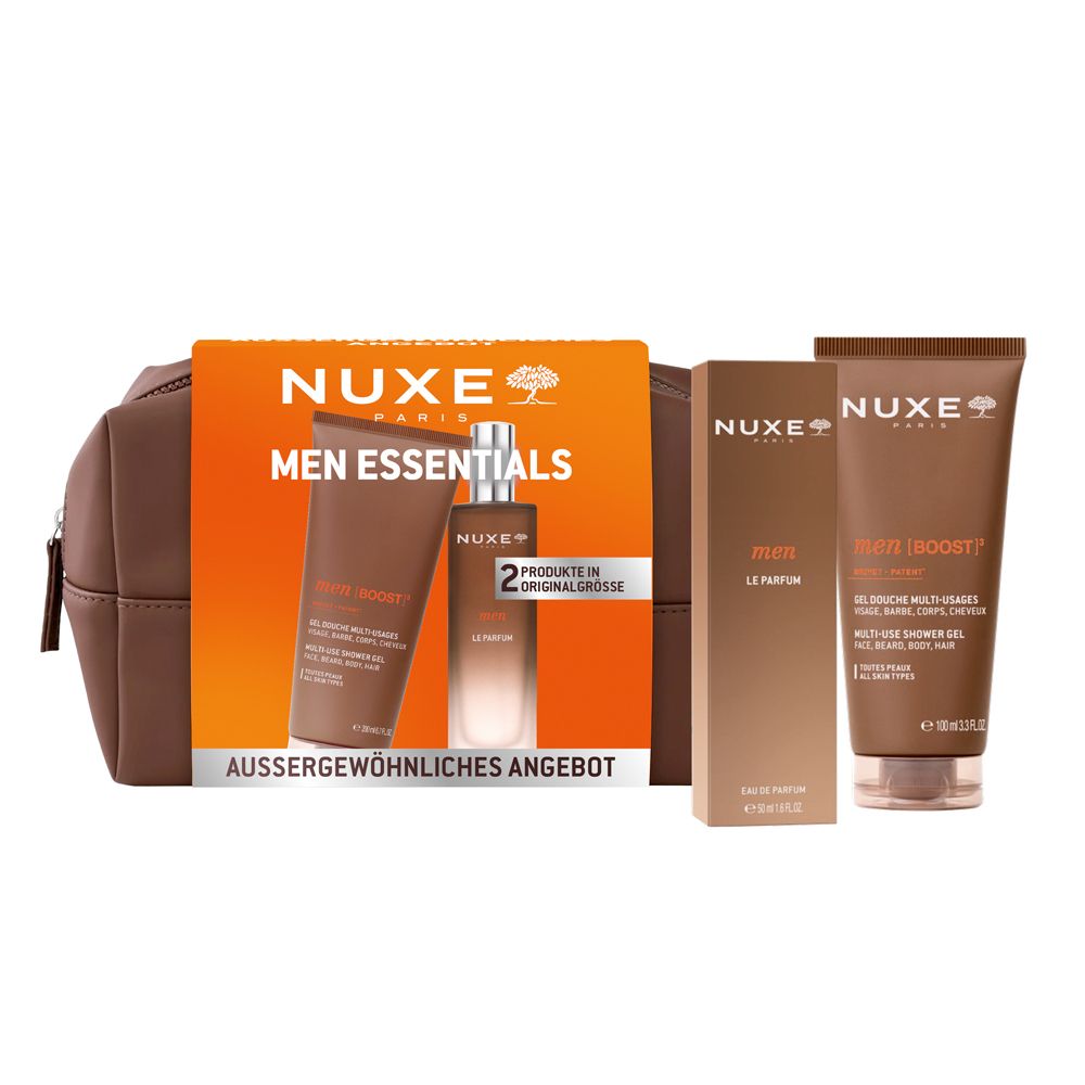Nuxe Men Essentials Geschenkset mit Kulturtasche, Duschgel und Eau de Parfum.