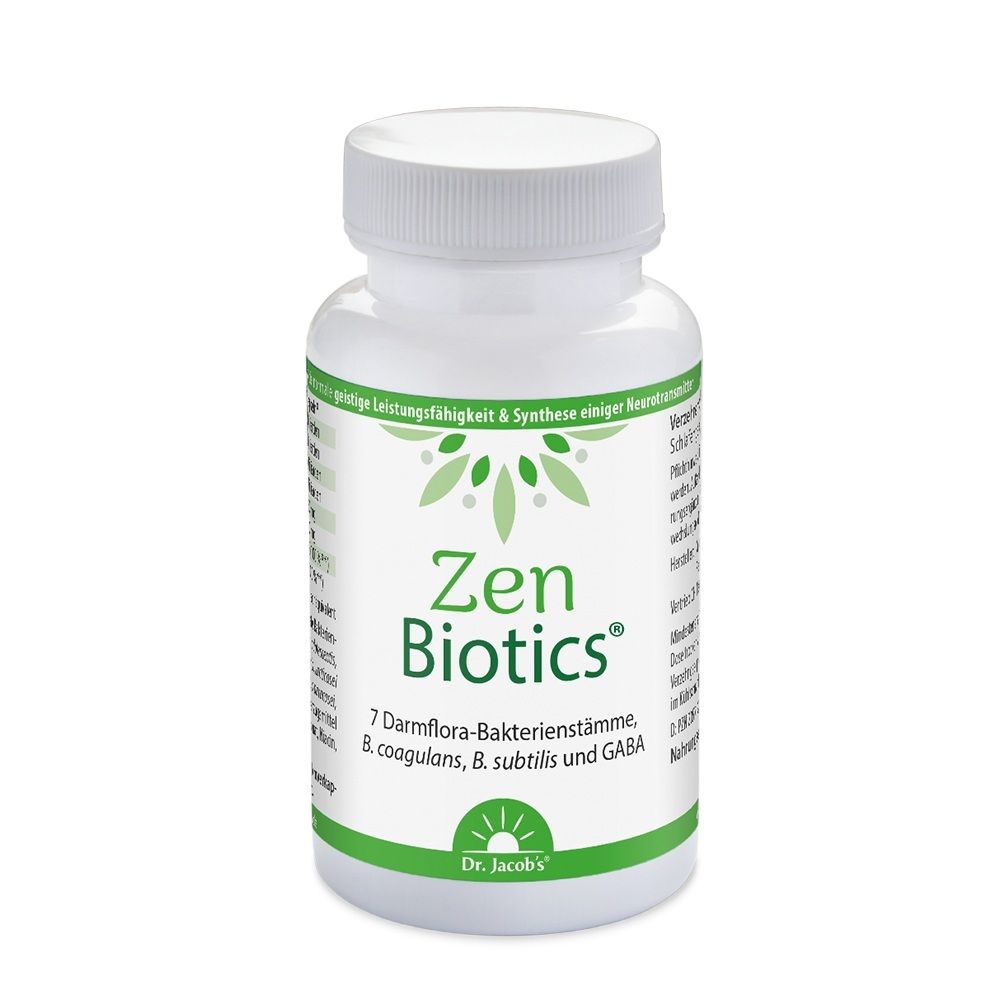 Weiße Flasche mit Zen Biotics Etikett, das 7 Darmflora-Bakterienstämme, B. coagulans, B. subtilis und GABA auflistet.