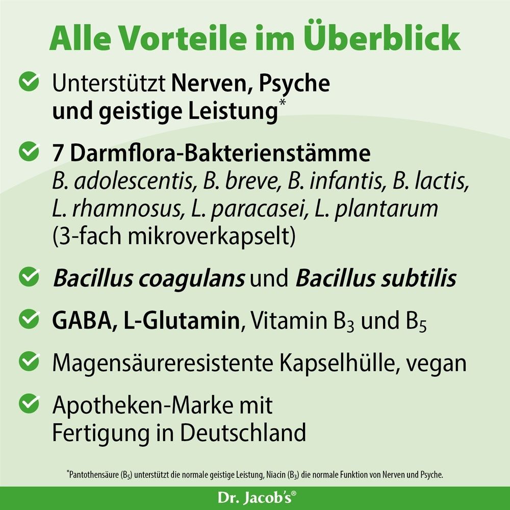Übersicht der Vorteile von Zen Biotics: unterstützt Nerven, Psyche, geistige Leistung, enthält 7 Darmflora-Bakterienstämme, B. coagulans, B. subtilis, GABA, vegane Kapselhülle.