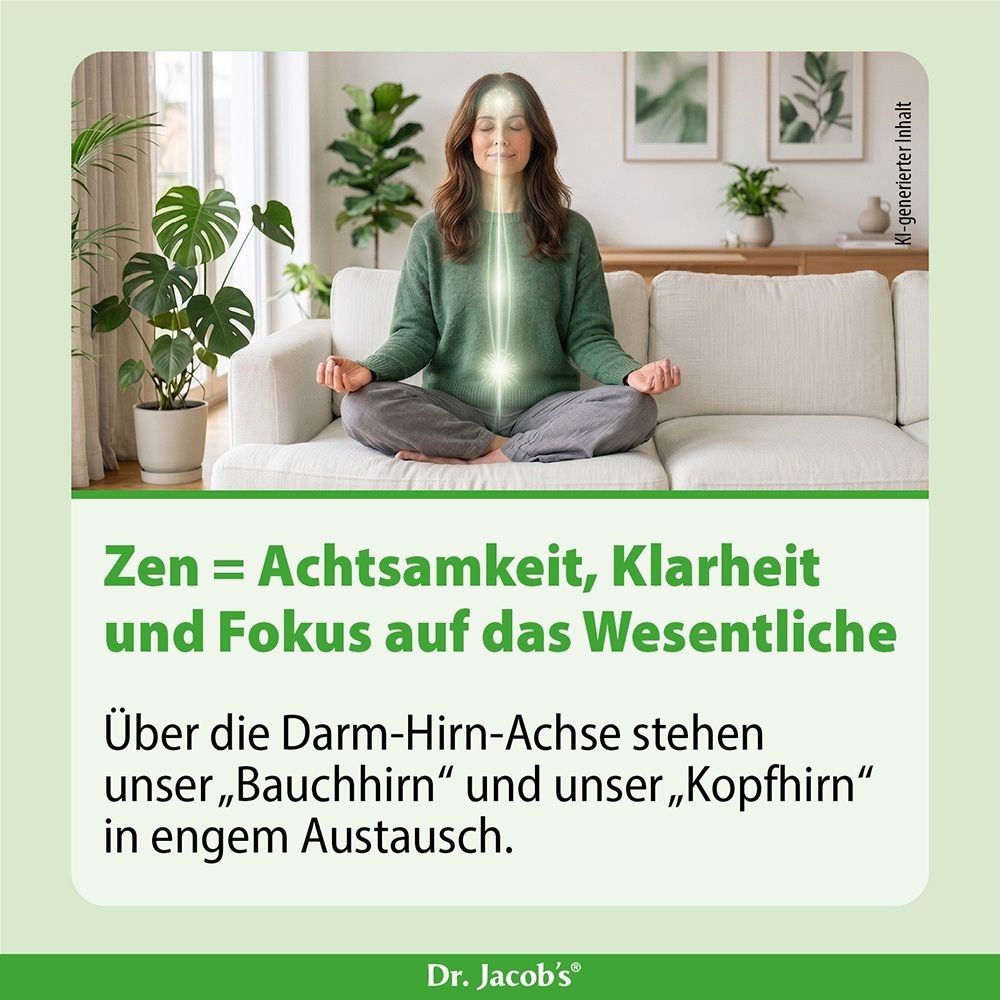 Frau in Meditationshaltung auf einem Sofa, mit grafischer Darstellung der Darm-Hirn-Achse und dem Text „Zen = Achtsamkeit, Klarheit und Fokus“.