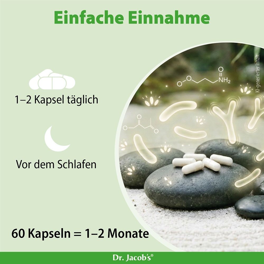 Anleitung zur Einnahme von Zen Biotics: 1-2 Kapseln täglich vor dem Schlafen. 60 Kapseln reichen für 1-2 Monate. Steine und Bakterien-Grafik.