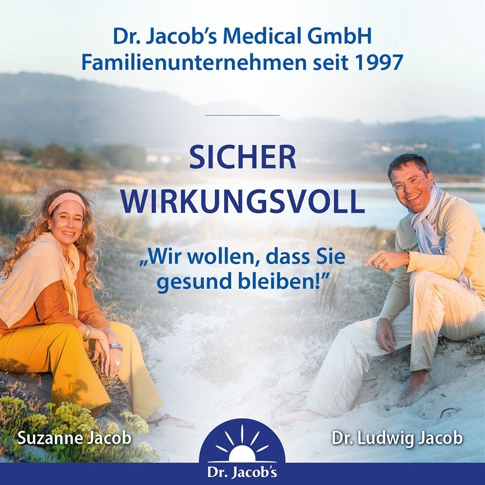 Porträt von Suzanne und Dr. Ludwig Jacob vor einer Küstenlandschaft. Text: „Sicher Wirkungsvoll. Wir wollen, dass Sie gesund bleiben!“