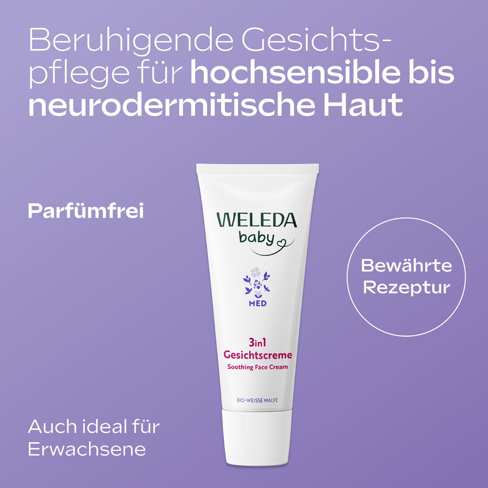 Weleda Baby Med 3in1 Gesichtscreme Tube, parfümfrei, für hochsensible Haut.