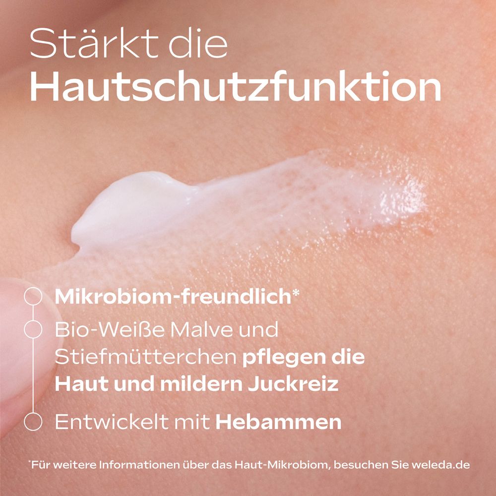 Weiße Creme auf Haut aufgetragen, mit Text über Hautschutz und Inhaltsstoffe.