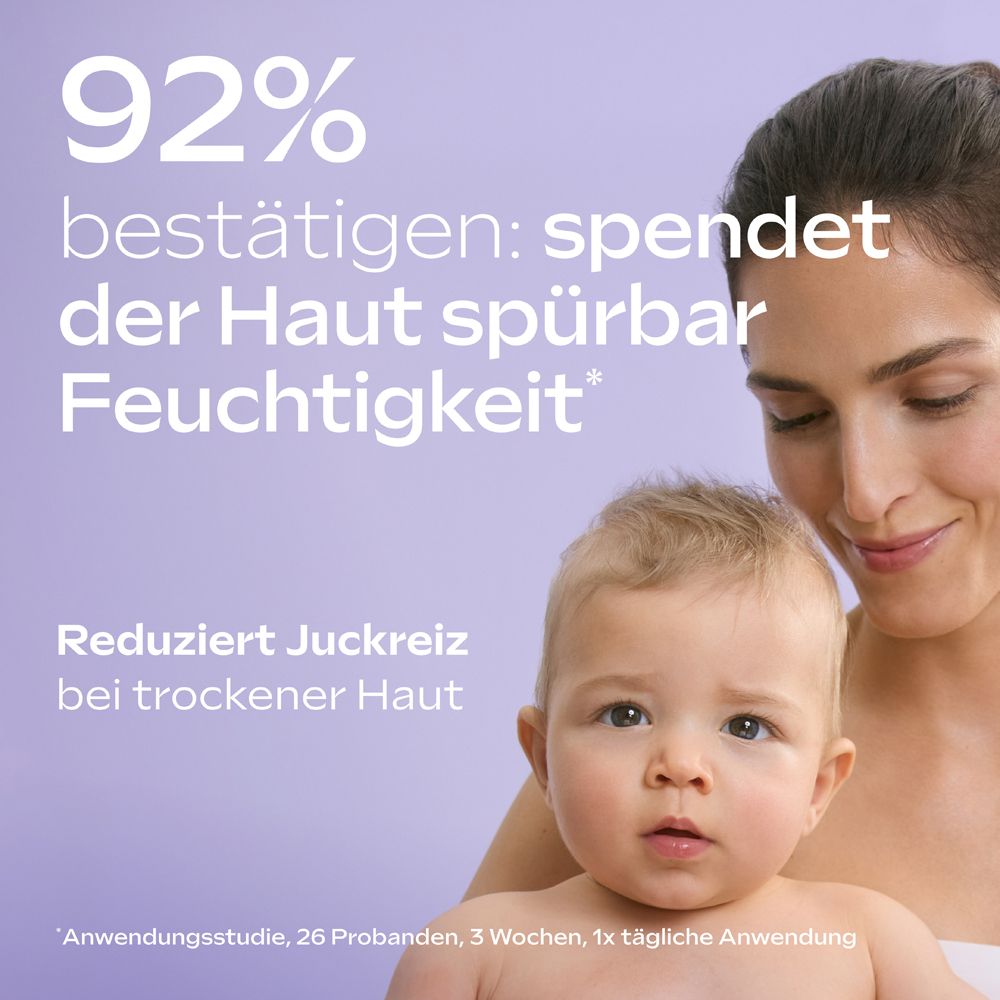 Frau hält Baby. Text: 92% bestätigen: spendet der Haut spürbar Feuchtigkeit. Reduziert Juckreiz bei trockener Haut.