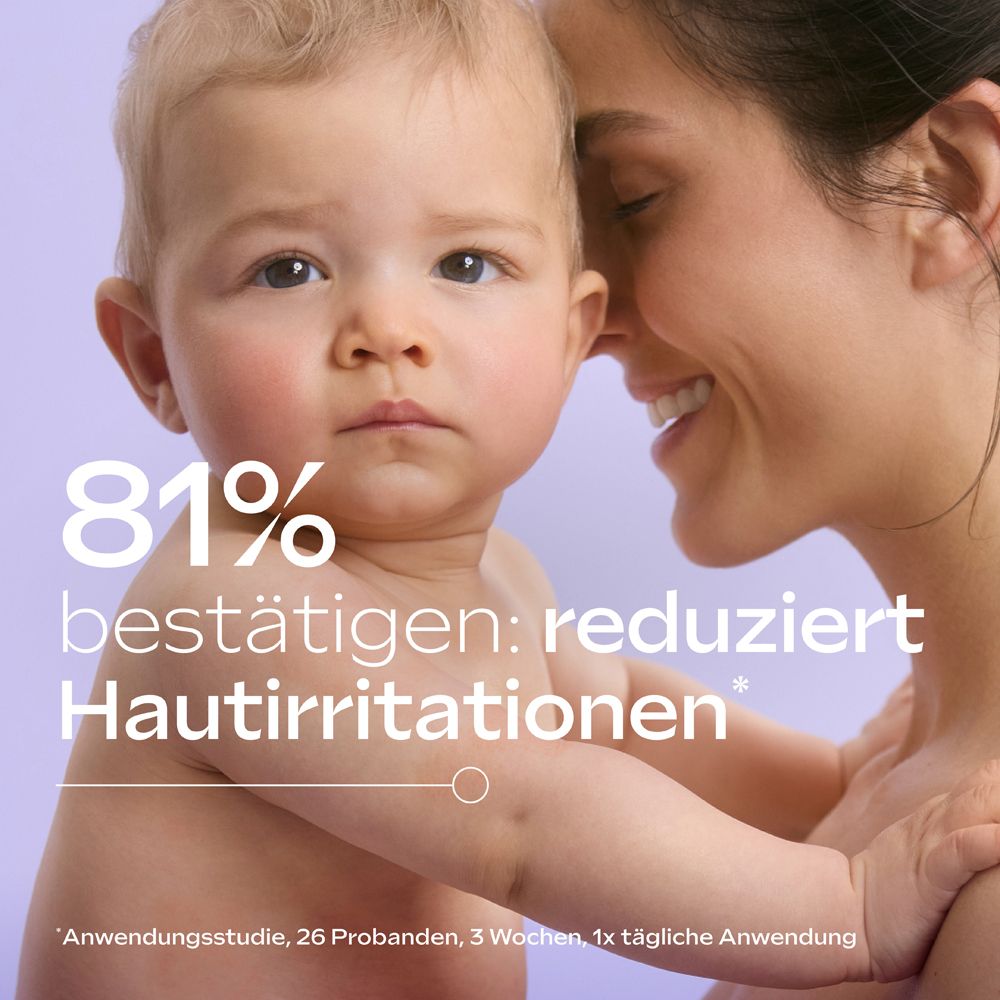 Ein Baby und eine lächelnde Frau. Text: 81% bestätigen: reduziert Hautirritationen.