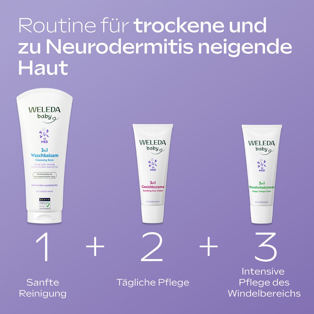 Drei Weleda Baby Med Produkte: Waschbalsam, Gesichtscreme und Wundschutzcreme.