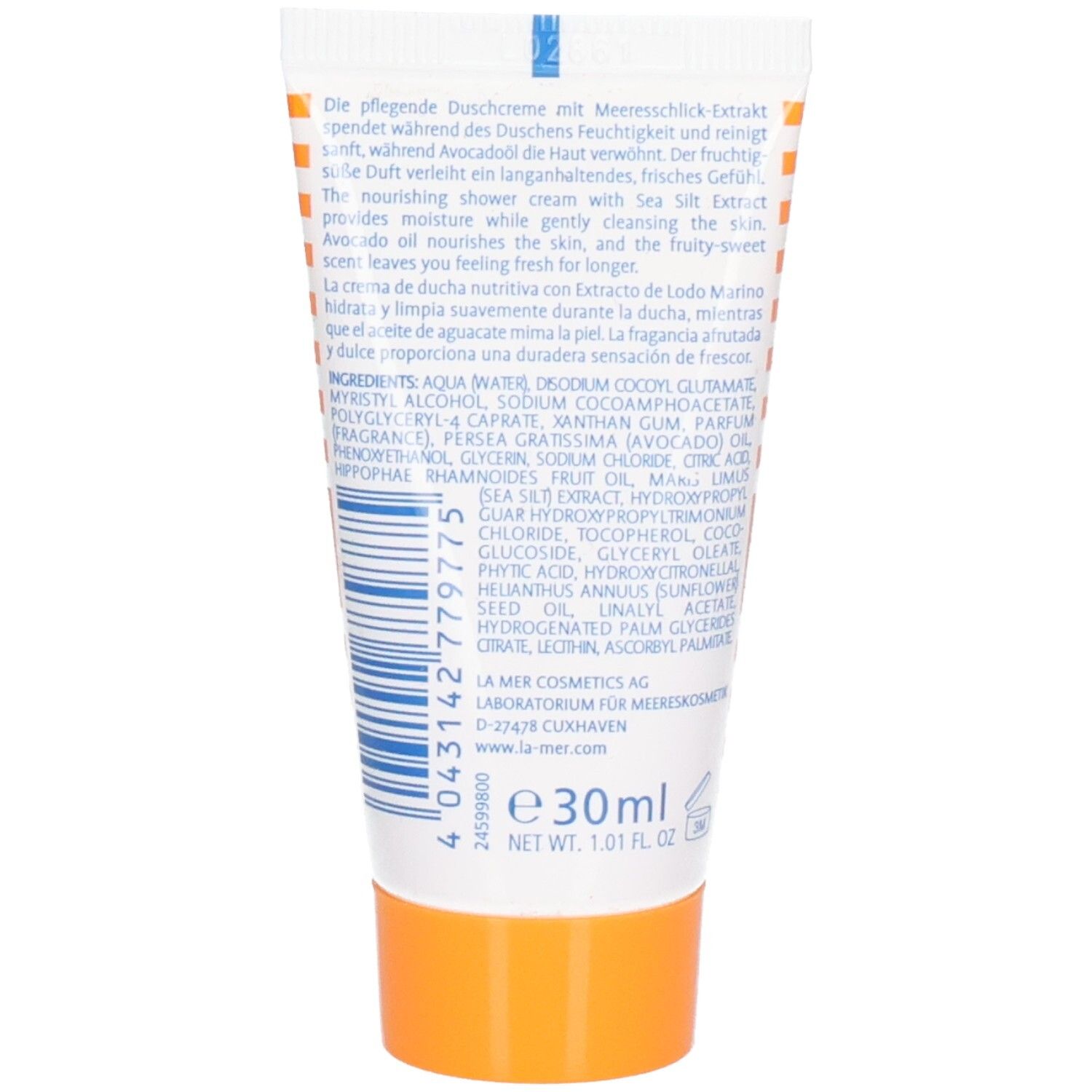 Duschcreme-Tube mit orangefarbenem Verschluss, 30ml Inhalt.