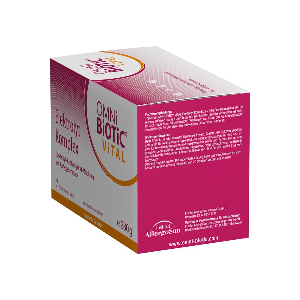 Rückseite der OMNi-BiOTiC® ViTAL Elektrolyt Komplex Packung mit Anwendungshinweisen und Herstellerinformationen.