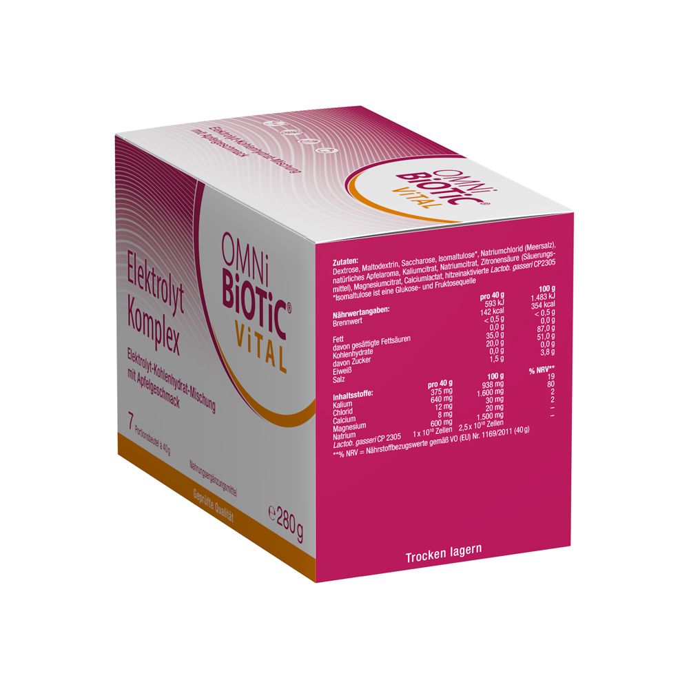 Seitenansicht der OMNi-BiOTiC® ViTAL Elektrolyt Komplex Packung mit Nährwertangaben und Inhaltsstoffen.