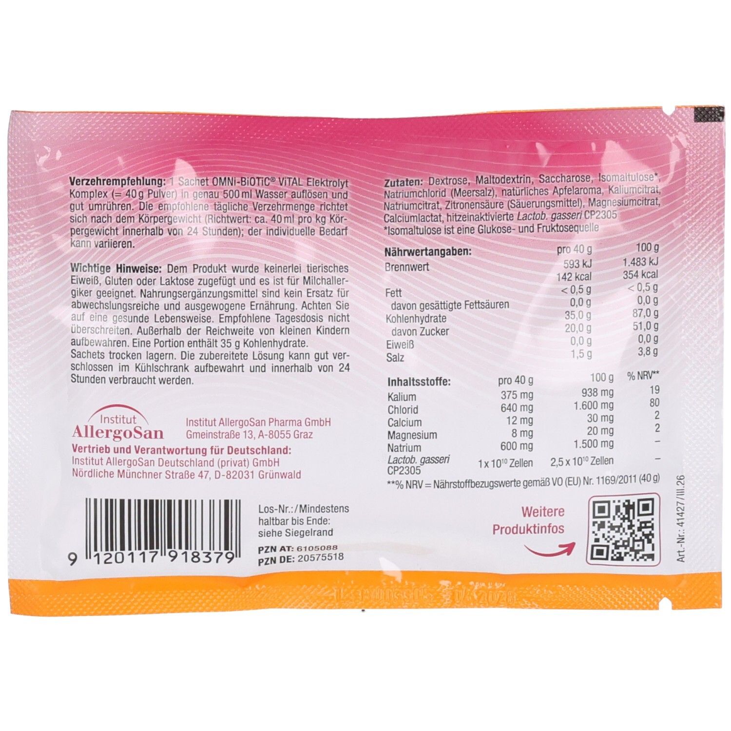 Rückseite eines OMNI BiOTiC VITAL Elektrolyt Komplex Beutels mit Nährwertangaben und Zutaten.