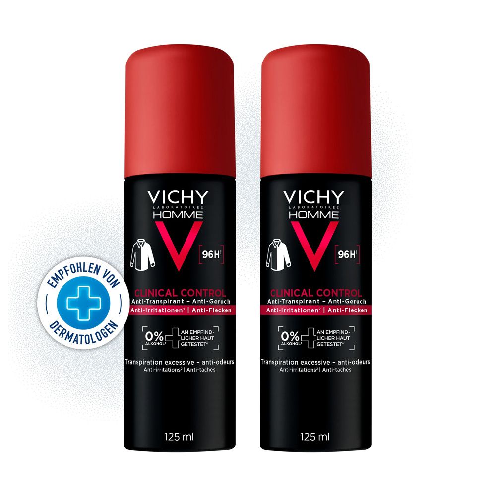 Zwei Vichy Homme Clinical Control Deosprays, 125ml. Schwarze Dosen mit rotem Verschluss. "Empfohlen von Dermatologen" Siegel.