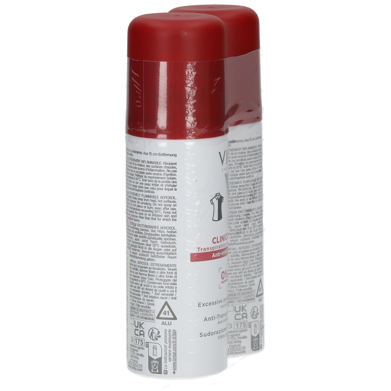 Zwei Dosen Deospray mit roten Kappen, verpackt in Folie.