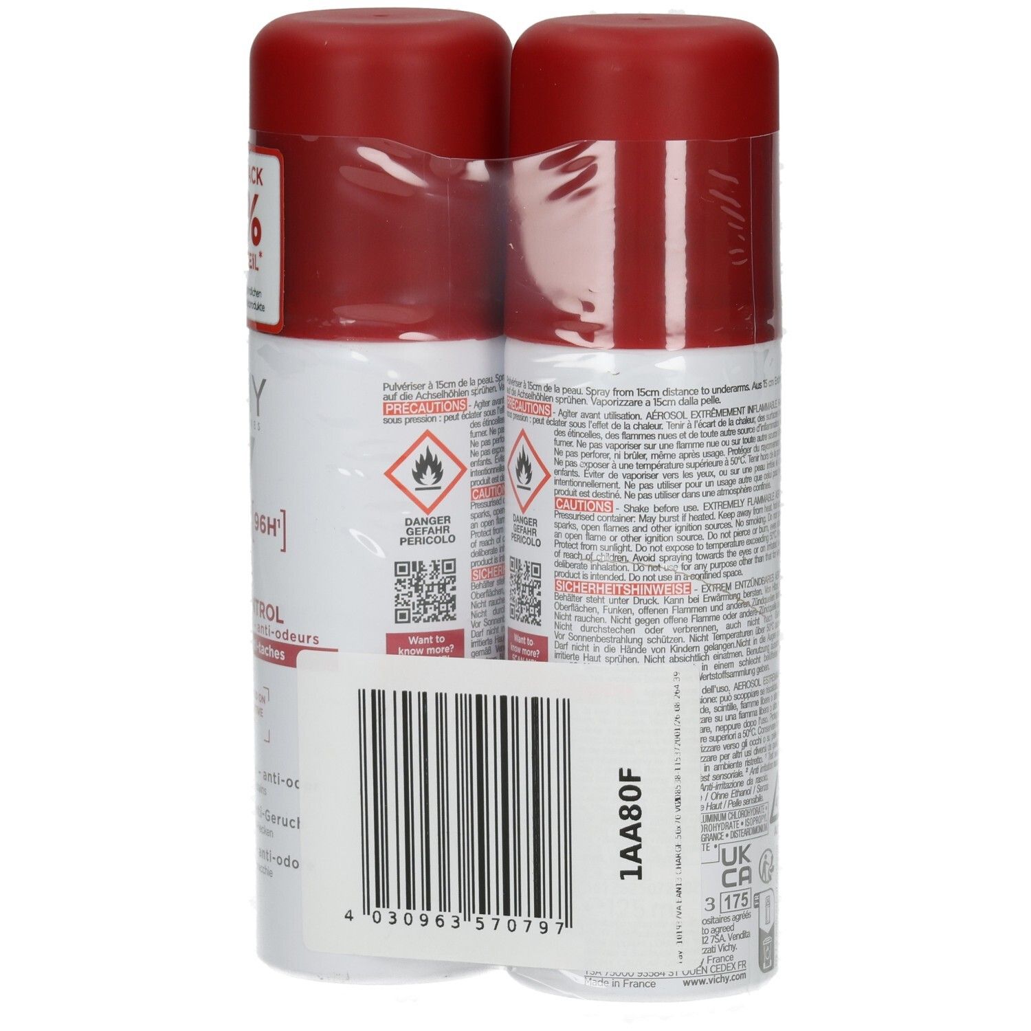 Zwei Vichy Clinical Control Deosprays, 125ml, mit roten Kappen, verpackt.