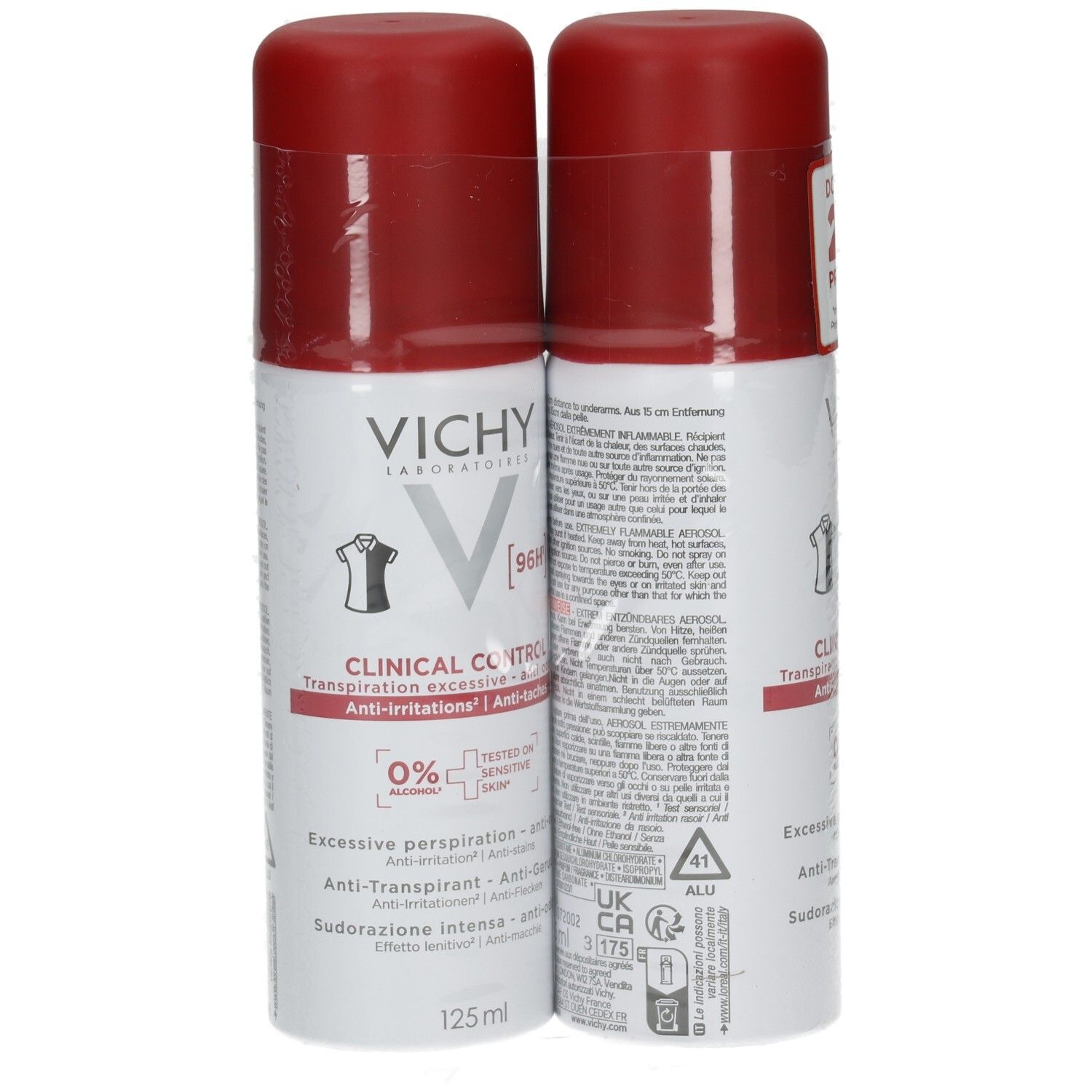 Zwei Vichy Clinical Control Deosprays, 125ml, mit roten Kappen, verpackt.