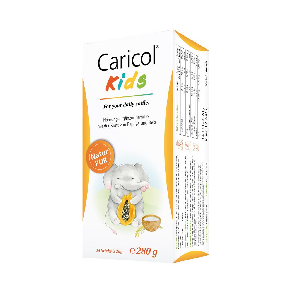 Caricol®-Kids Kartonverpackung mit 14 Sticks à 20g, 280g. Enthält Papaya und Reis.