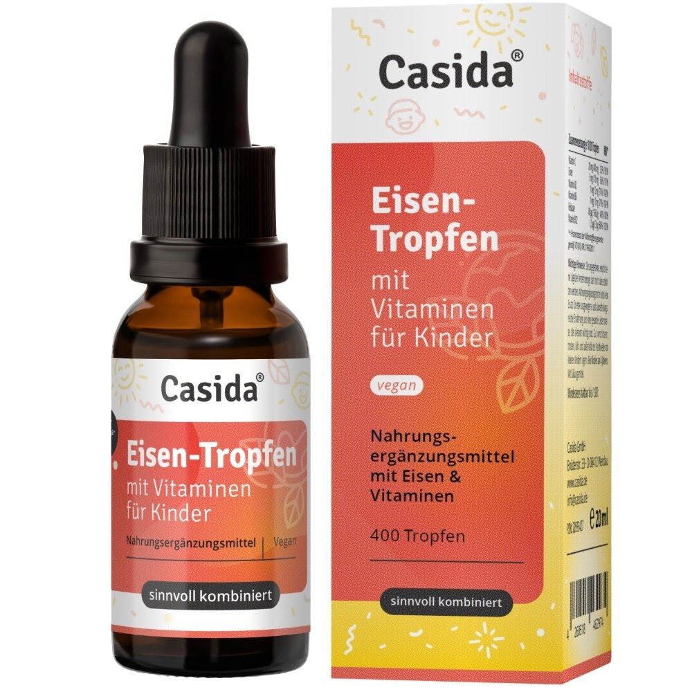 Braune Glasflasche mit Pipettenverschluss, Etikett mit "Casida Eisen-Tropfen mit Vitaminen für Kinder".