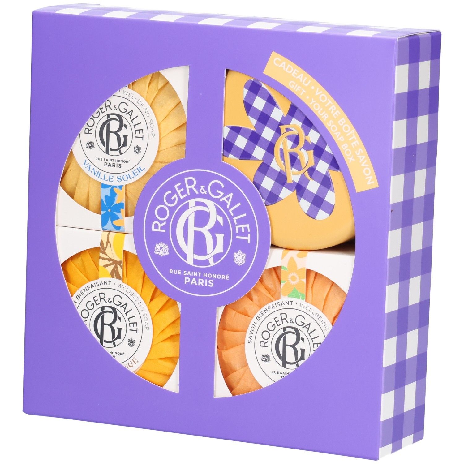 Roger & Gallet Seifengeschenkset mit vier runden Seifen in Lila-Verpackung mit Karomuster.