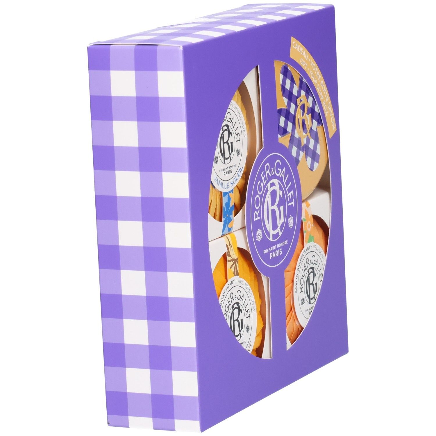 Roger & Gallet Geschenkbox mit vier Seifen, lila-weiß kariert.