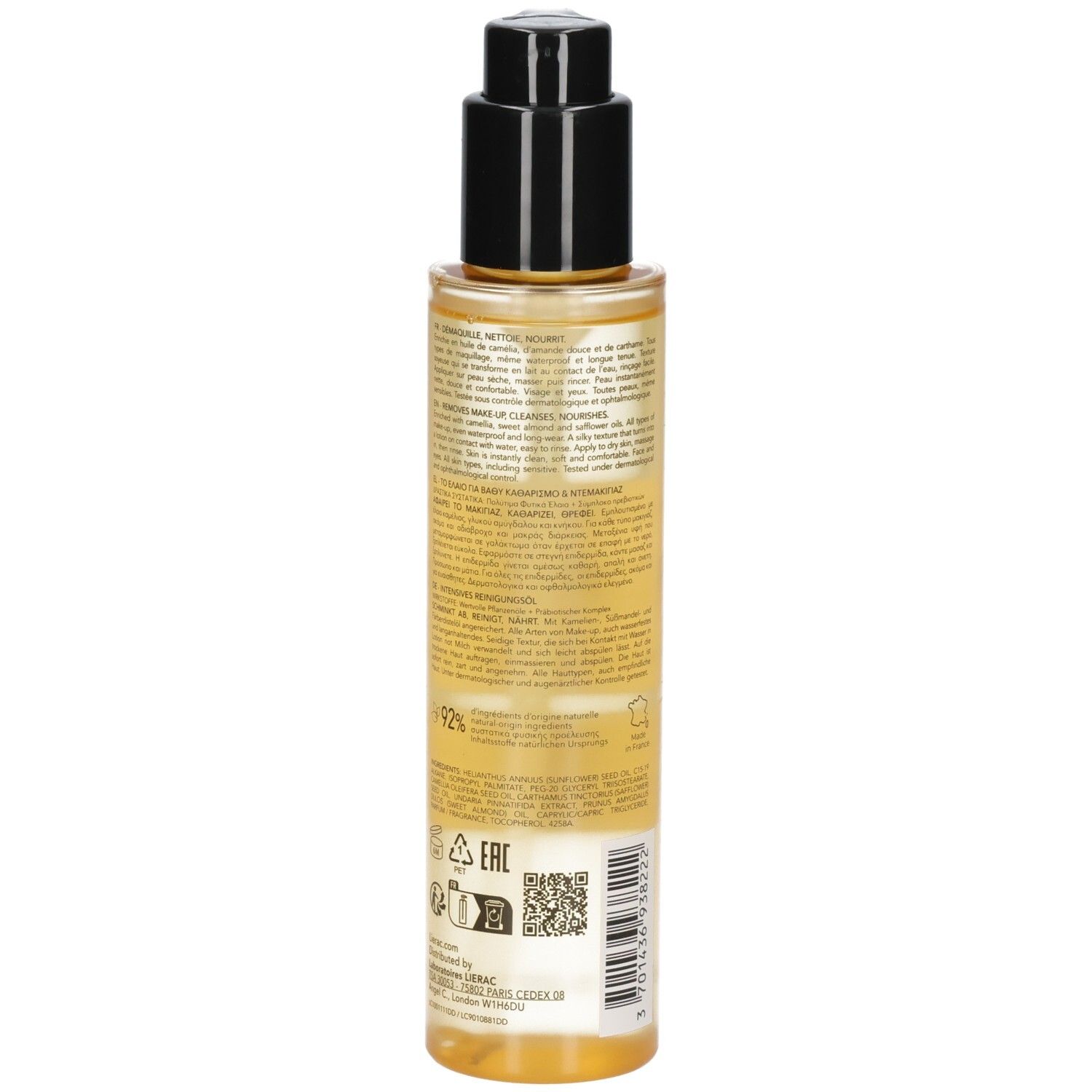 Flasche mit Pumpspender, gefüllt mit gelblicher Flüssigkeit. Etikett mit Text und Symbolen.