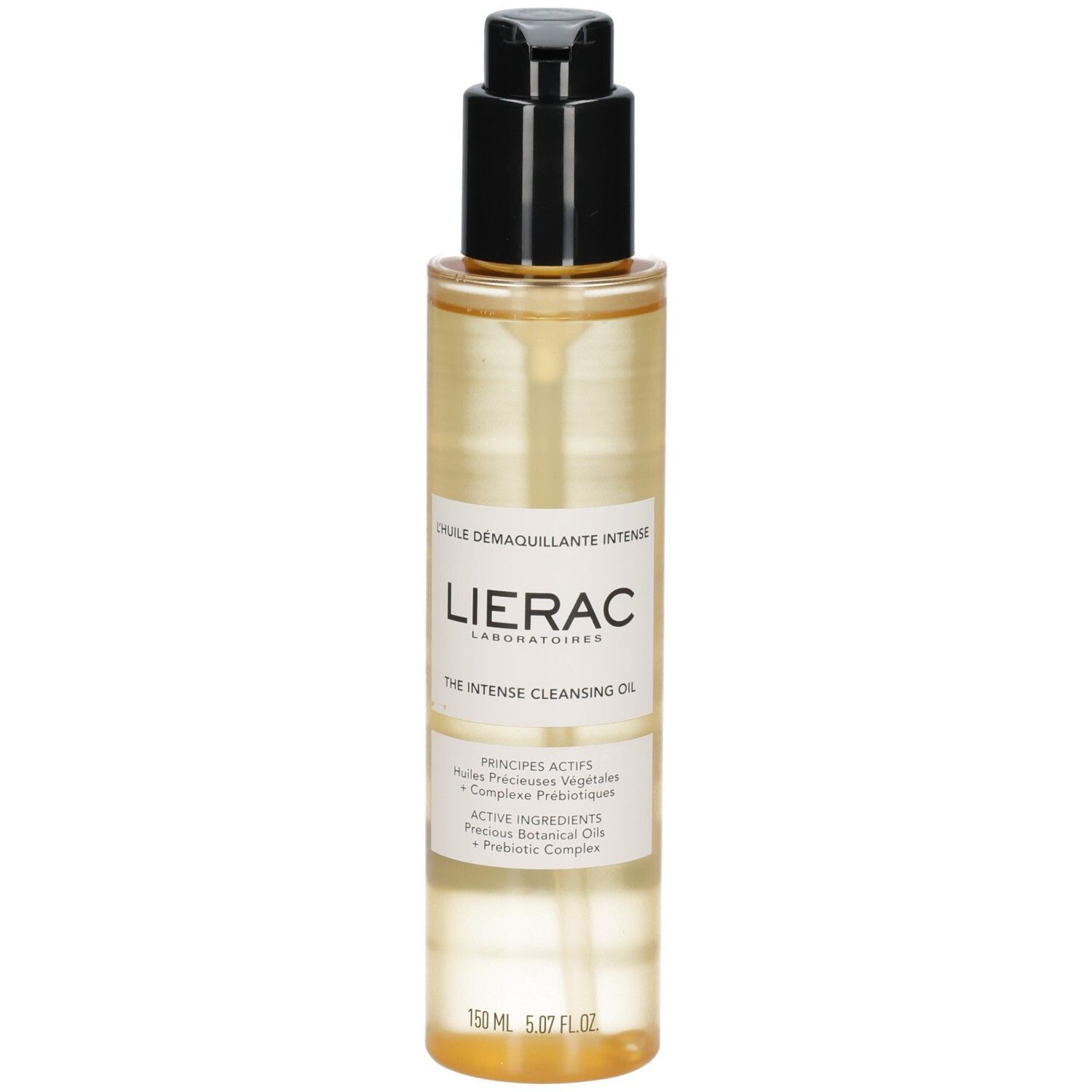 Lierac The Intense Cleansing Oil in einer klaren Flasche mit Pumpspender. Enthält pflanzliche Öle und Präbiotika.