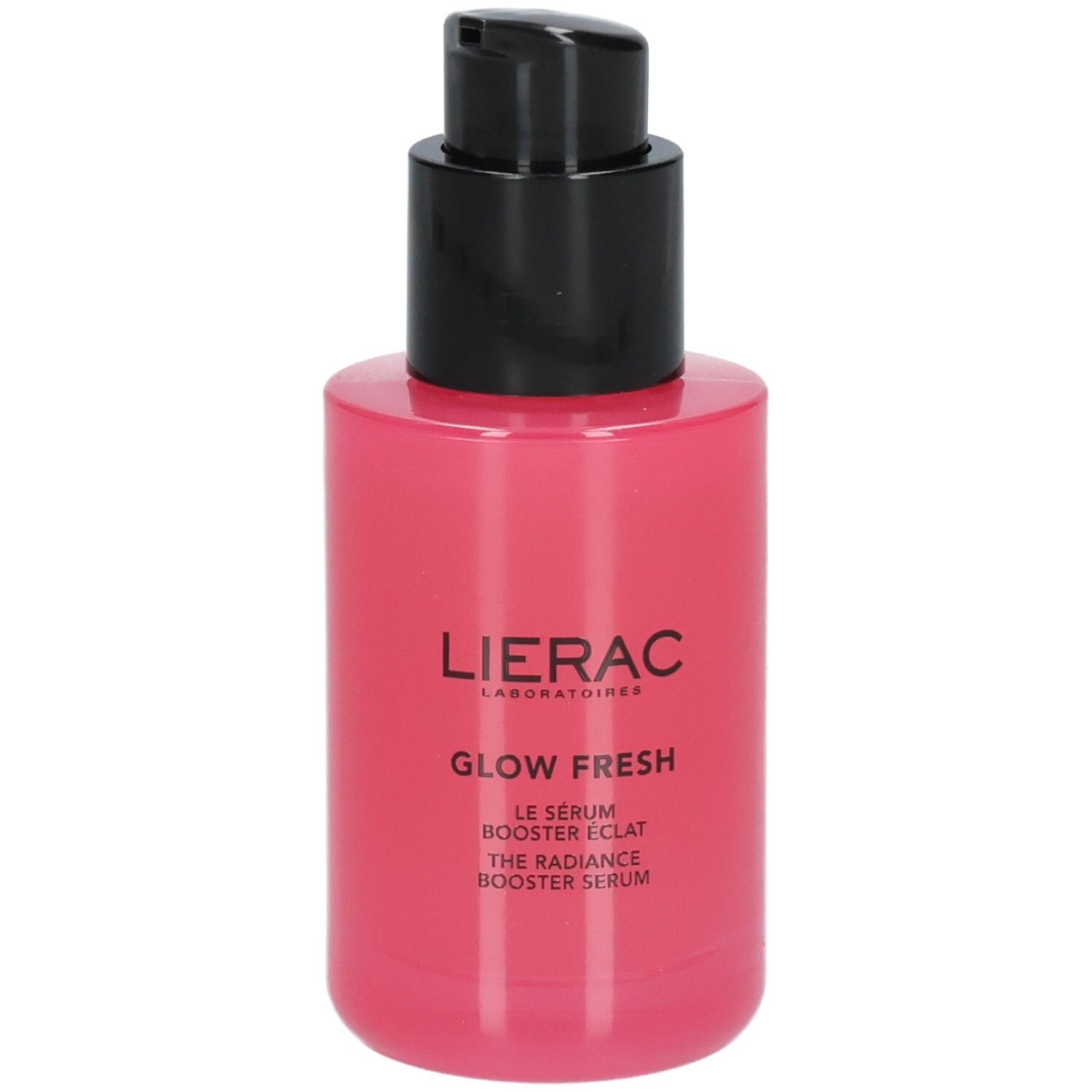 LIERAC Glow Fresh Serum in einer rosa Flasche mit schwarzem Pumpspender.