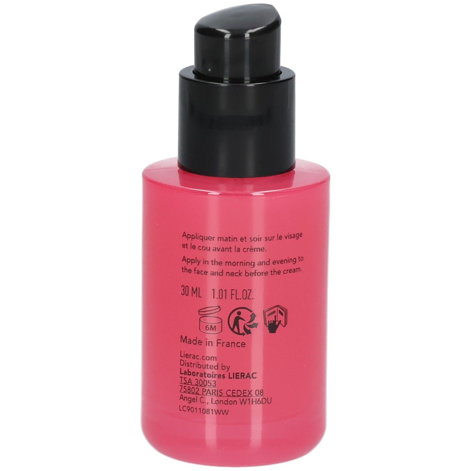 Rückseite einer rosa Serumflasche mit Anwendungshinweisen und Produktinformationen.