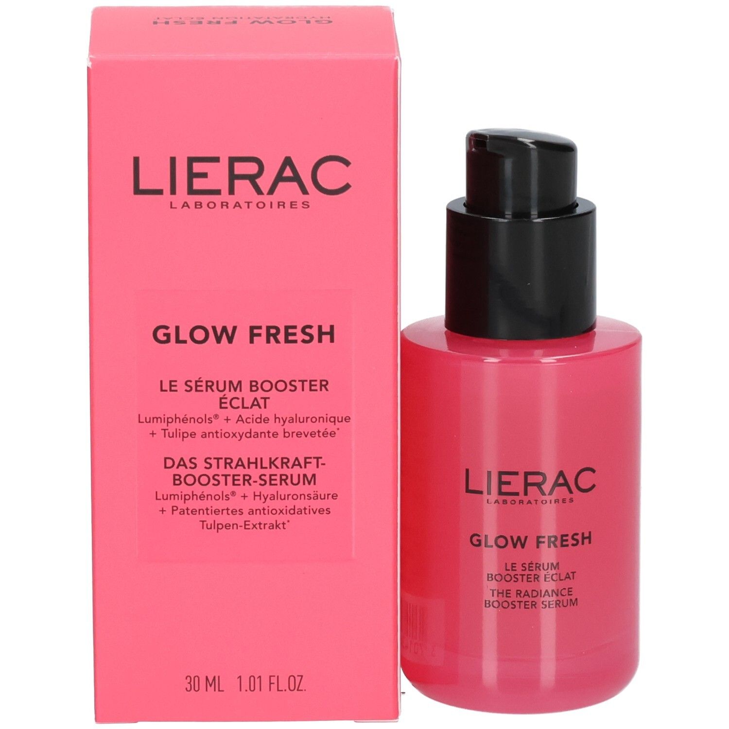LIERAC Glow Fresh Serumflasche neben der rosa Produktverpackung.