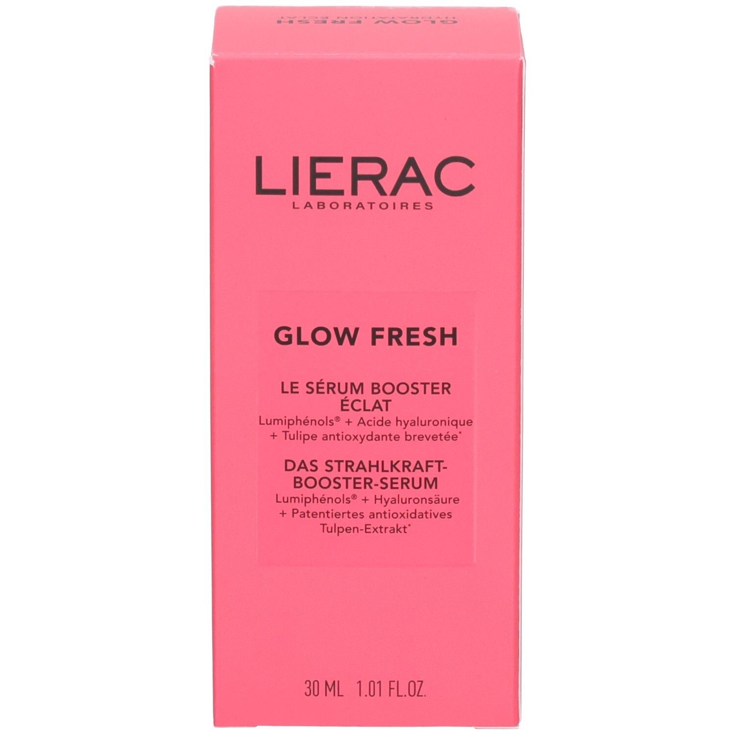 Rosa Produktverpackung für LIERAC Glow Fresh Serum mit Produktinformationen.