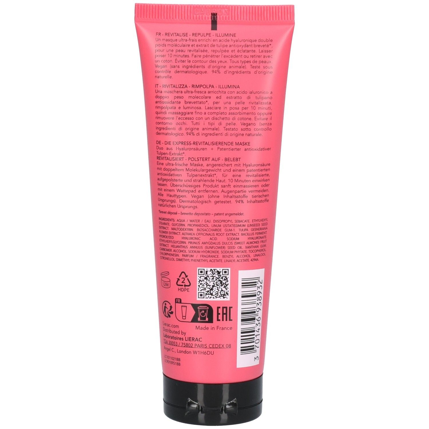 Rückseite der LIERAC Glow Fresh Express-Revitalisierenden Maske Tube mit Produktinformationen und Barcode.