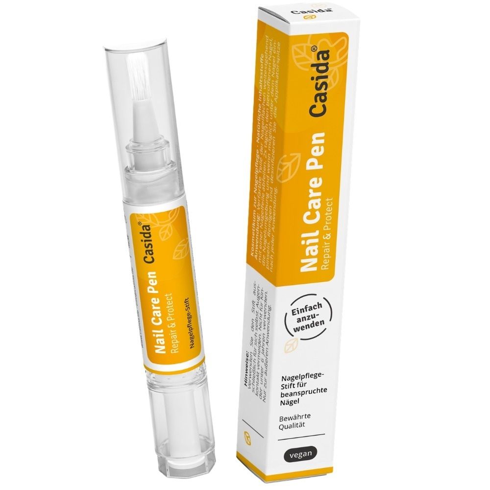 Casida Nail Care Pen mit Applikator und Verpackung. Nagelpflege-Stift zur Reparatur und zum Schutz beanspruchter Nägel.