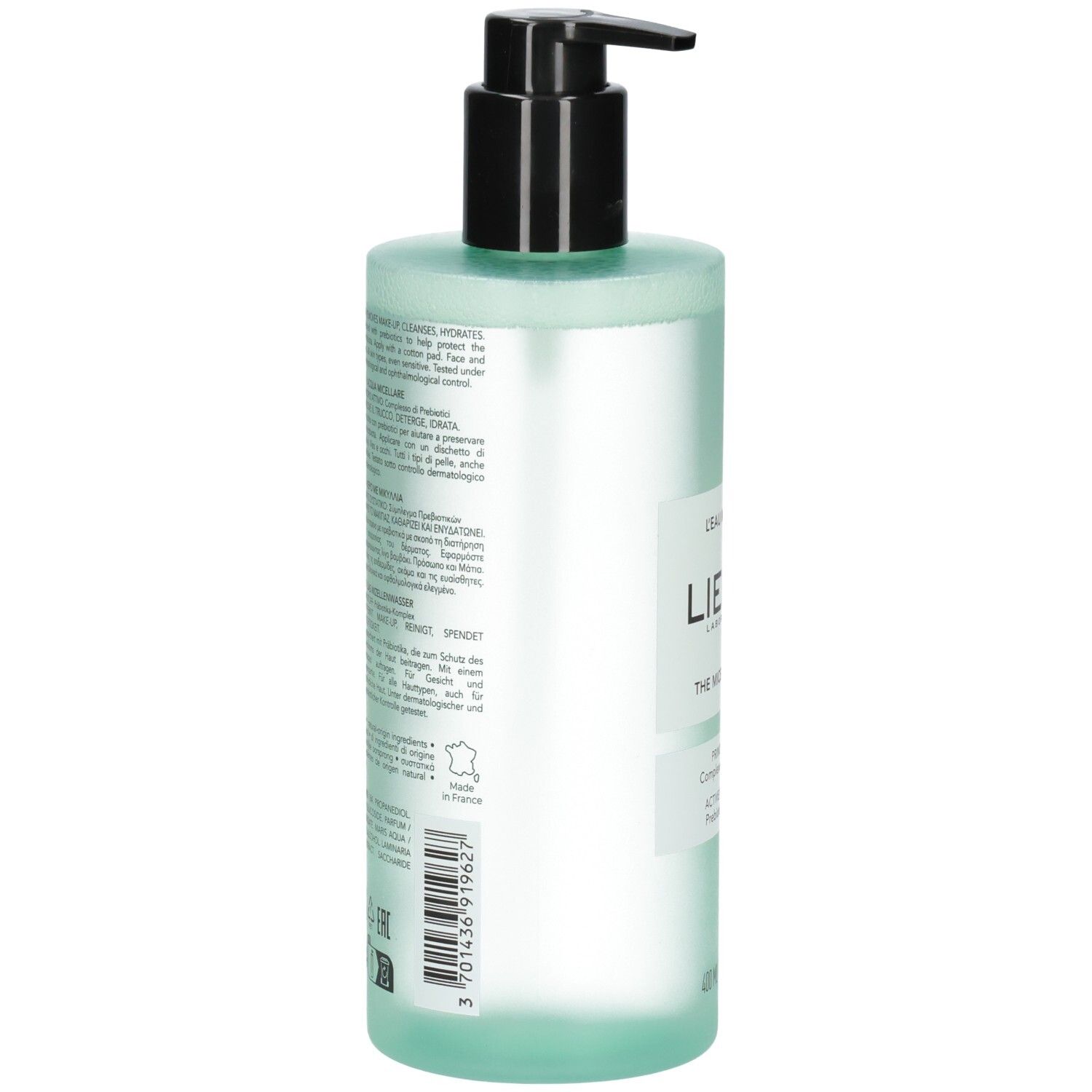 Transparente Flasche mit Pumpspender, mintgrüner Flüssigkeit. Etikett mit Produktinformationen und Barcode.