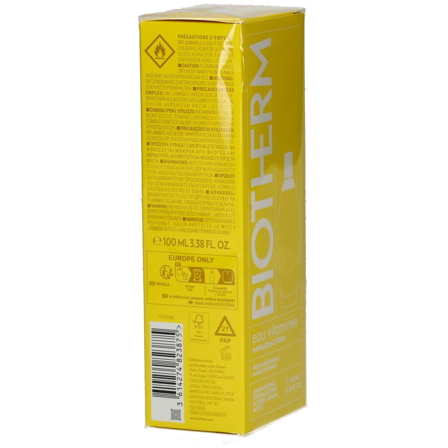 Rückseite der BIOTHERM Eau Vitaminée Impulsion Citron Kartonverpackung mit Warnhinweisen und Produktinformationen.