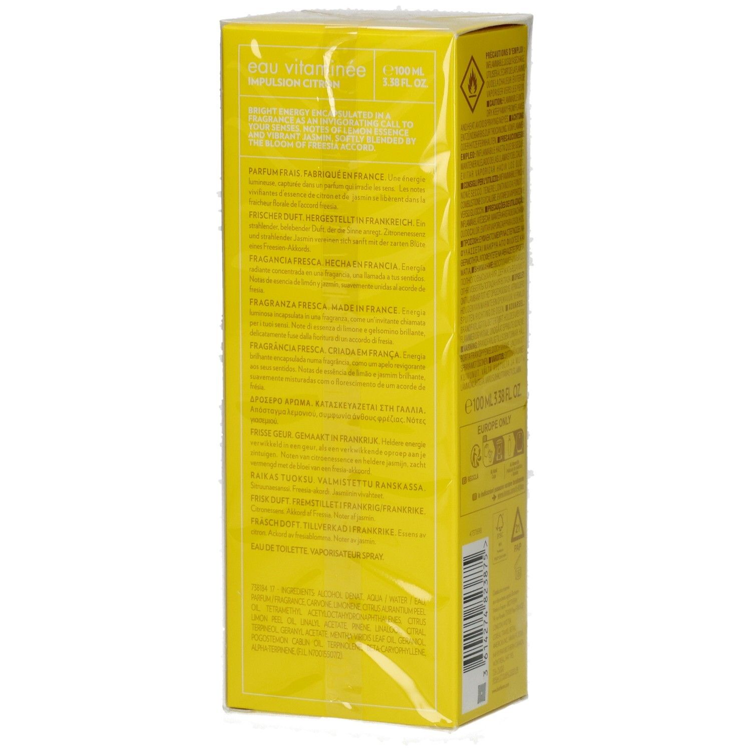 Seitenansicht der BIOTHERM Eau Vitaminée Impulsion Citron Kartonverpackung mit detaillierten Produktinformationen.